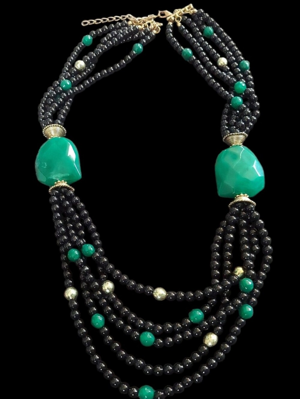 N182 Bohemian Green and Black Multi-Strand Beaded Necklace - Picture 4 of 6